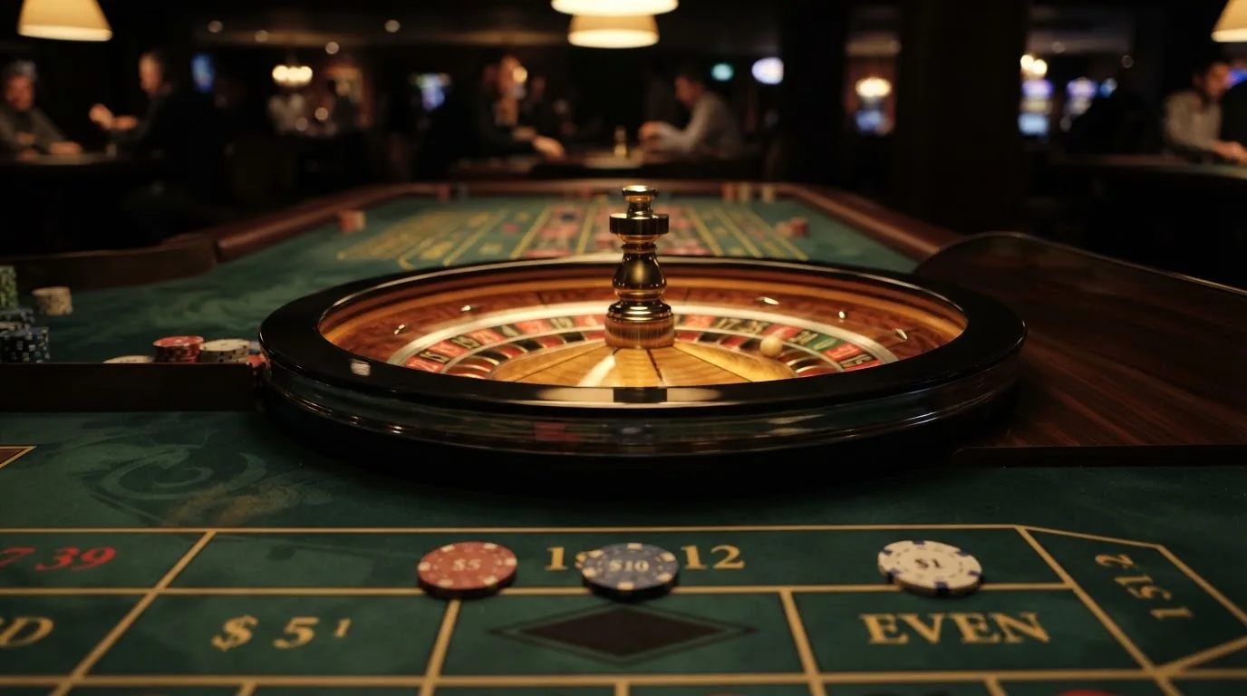 Rulettipyörä ja pelimerkit vihreällä huovalla lämpimässä iltavalossa — casino ventti