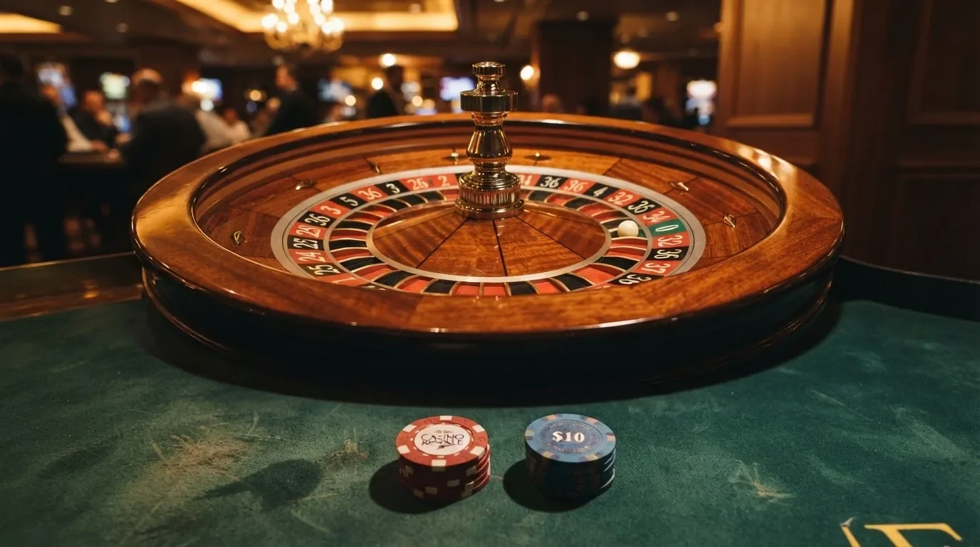 Rulettipyörä ja pelimerkit vihreällä huovalla lämpimässä iltavalossa — kolikkopelit casino pelit