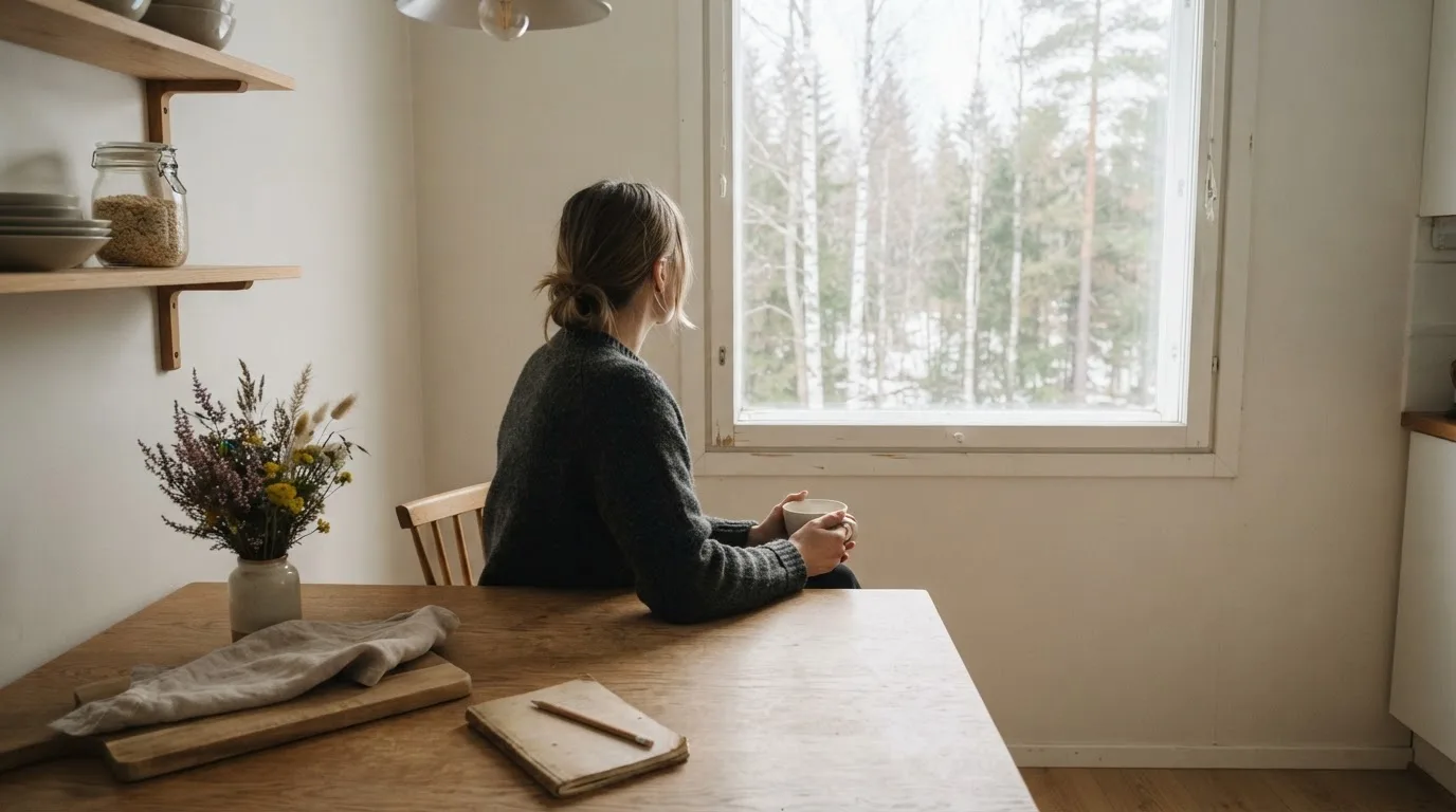 Henkilö istuu keittiön pöydän ääressä teekupin kanssa katsoen ulos ikkunasta rauhallisesti.