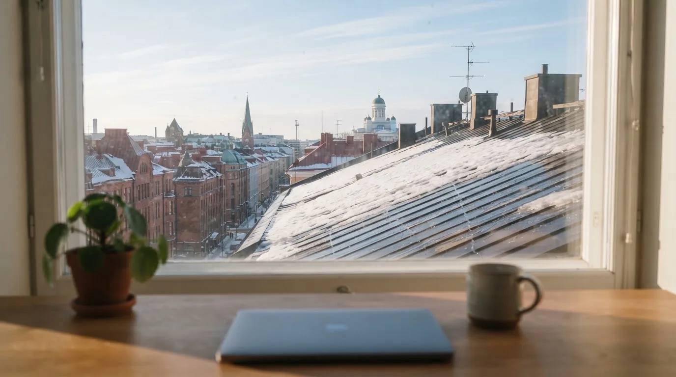 Toimistohuoneen ikkunasta näkyy maaliskuun aamu, lumi sulaa katolla auringonpaisteessa hiljaisella aamulla.
