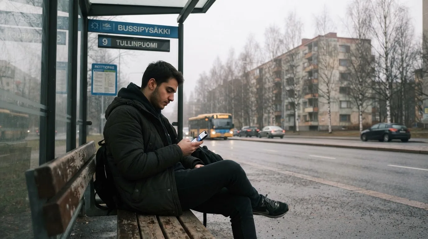 Nuori mies selaa älypuhelinta bussipysäkillä odottaessaan iltapäivällä, taustalla sumuinen katunäkymä.