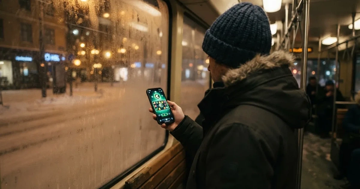 Puhelin kädessä Helsingin raitiovaunussa talvi-iltana — mobiilikasino puhelimessa