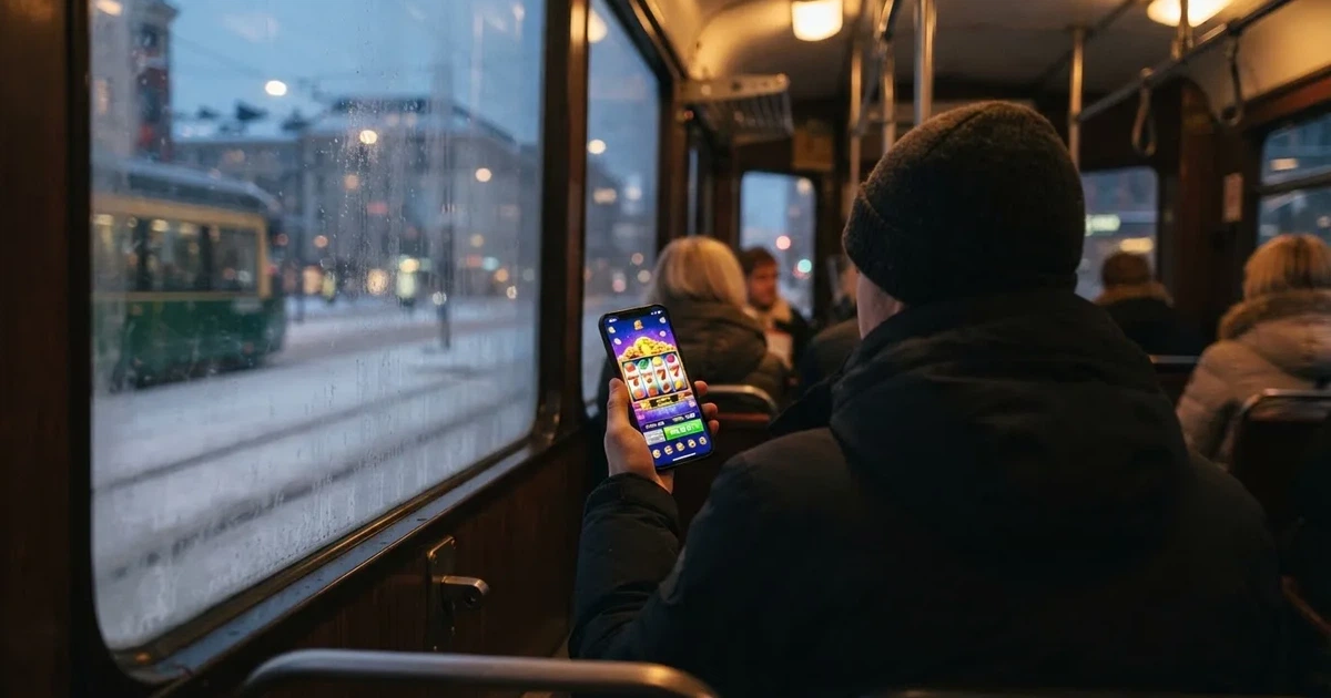 Puhelin kädessä Helsingin raitiovaunussa talvi-iltana — paras mobiili kasino sovellukset